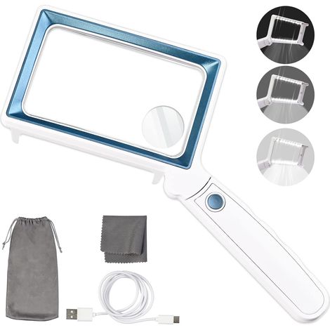 Lente d'ingrandimento 4x10x 20 con lampada a LED per la lettura di gioiellieri, luce bianca e blu (1/5)