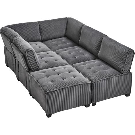 Canapé modulable 6 places en tissu côtelé gris avec rangement, structure bois et métal (1/5)