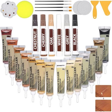 Kit Reparation Parquet 20 Couleurs, Pate à Bois, Pate a Bois Rebouchage  14 Pate a Bois et 6 Couleurs Stylo Retouche Bois, Mastic Bois pour Trous, Rayures, Fissures en Stratifié (1/5)