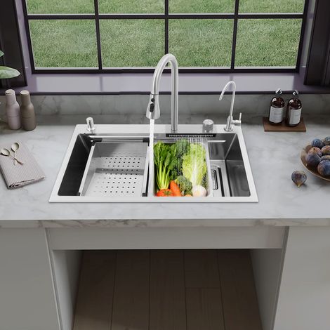 Fregadero de acero inoxidable, fregadero de cascada, fregadero de cocina multifuncional, fregadero de cocina 75x46 cm (1/5)