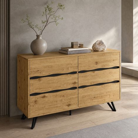 Sideboard mit 6 Schubladen 120 x 40 x 75,5 cm in Holzoptik mit schwarzen Metallfüßen HAVRYA (1/5)