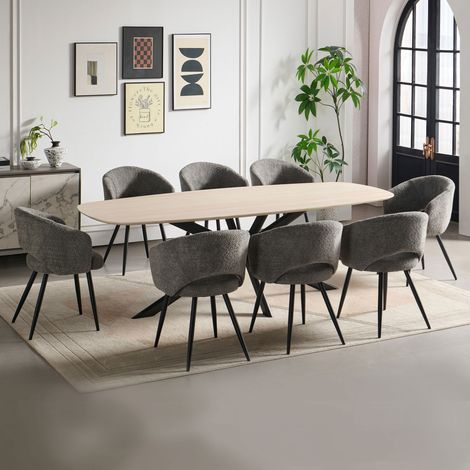 Ensemble table 240 cm effet travertin + 8 chaises tissu bouclette gris (1/5)