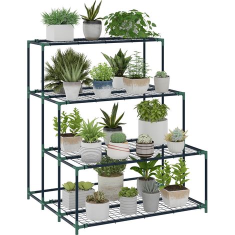 Support à plantes en acier 4 niveaux, étagère de rangement pour fleurs et végétaux, couleur vert foncé, dimensions 94 x 84 x 110 cm (1/5)