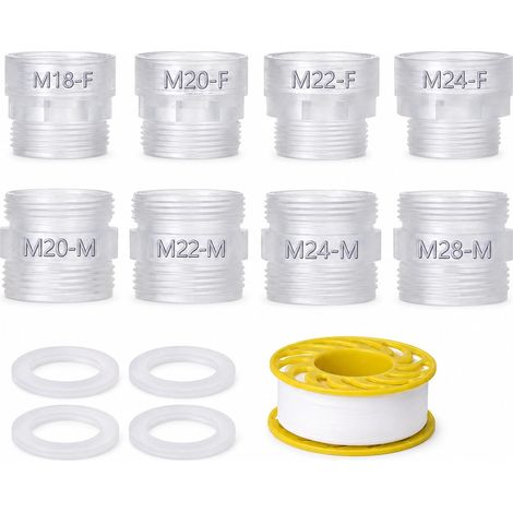 Lot de 8 adaptateurs de robinet – Adaptateur fileté pour filtre de robinet et régulateur de jet, M18 M20 M22 M24 M28 vers filetage extérieur M22, ABS sans BPA (1/5)
