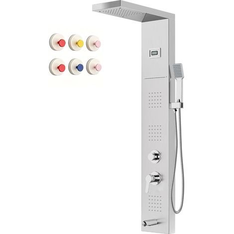 Colonne de Douche Hydromassante ,Affichage LED la Température,Robinet 5 Fonctions,Pluie, Cascade,Massage, Bec de Baignoire et Pomme de Douche avec Tuyau,Acier Inoxydable Brossé 1100 mm (Gris) (1/5)