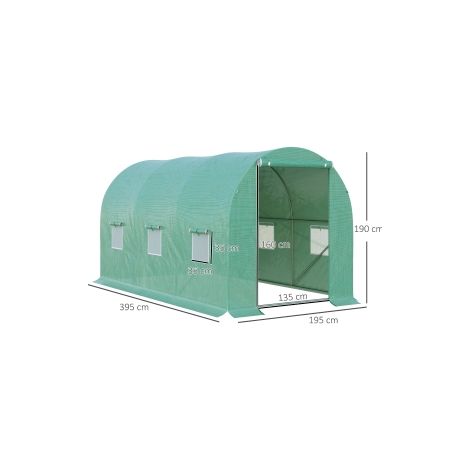 Serre tunnel de jardin verte 395 x 195 x 190 cm en film plastique avec 6 fenêtres en filet et arceaux ronds pour potager et jardin (1/5)