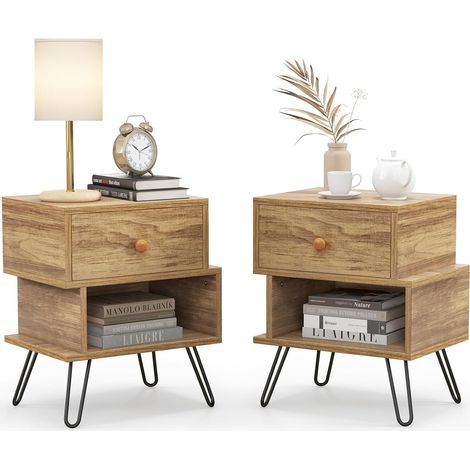 Costway – Tables de chevet lot de 2 en MDF et métal – Tiroir coulissant et étagère ouverte – Design irrégulier pour salon et chambre