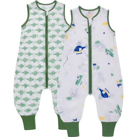 Gigoteuse d'été à Pieds 2pcs Sac de Couchage pour Bébé 0.5 tog Gigoteuse avec Jambes sans Manches Turbulette Ete pour Garçon Fille, Longeur 65 cm, 3-12 Mois (Avion + Rayure) (1/5)