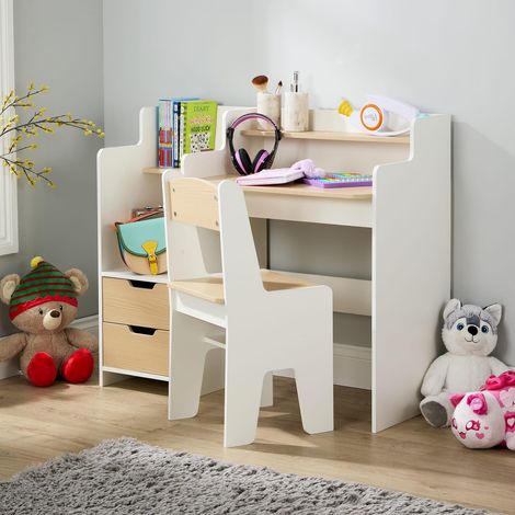 Scribbly Study Kids 2 Drawer Desk Matching Chair and Storage Shelves White (1/5)