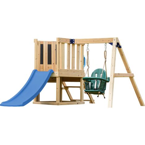 Axi Timo Mini Aire De Jeux - Toboggan Bleu  Cabane Pour Enfant Avec Balançoire Pour Bébé, Mur D'Escalade Et Tableau Noir  Structure De Jeux Pour Le Jardin