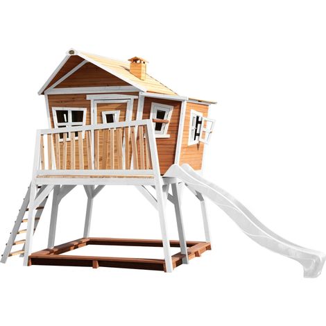 AXI – Cabane de jardin pour enfant avec bac à sable et toboggan – Bois FSC marron et blanc – Dimensions 120x120cm – Pour extérieur sécurisé