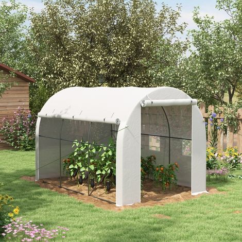 Serre de jardin 6 m² dim. 3 x 2 m avec 1 porte + 2 parois latérales zippées enroulables, 6 fenêtres, Blanc (1/5)