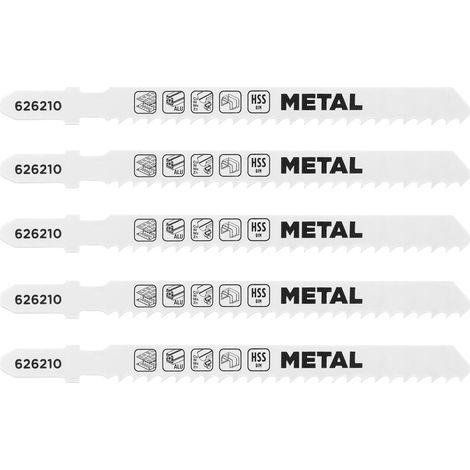kwb 5x Stichsägeblätter für Metall, grob (geeignet für Aluminium, Blech, Nicht-Eisen Metalle, Acrylglas, Bi-Metall, gewellte und gefräste Zähne, T-Aufnahme) (1/2)