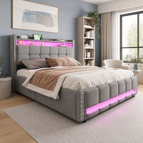 DESMIU Lit adulte 160 × 200 cm avec LED, USB, rangements, coffre hydraulique, sans matelas, gris clair (1/5)