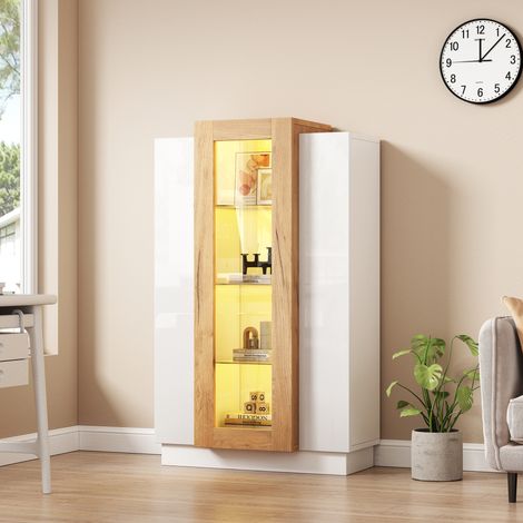 Vitrina mueble de almacenaje 74 x 40 x 120 cm con LED, 3 puertas, blanco y madera natural DESVIAE (1/5)