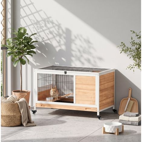 Jaula de madera para conejos de 2 pisos con techo abatible, ruedas, 90 x 53 x 59 cm OKMYHOME (1/5)