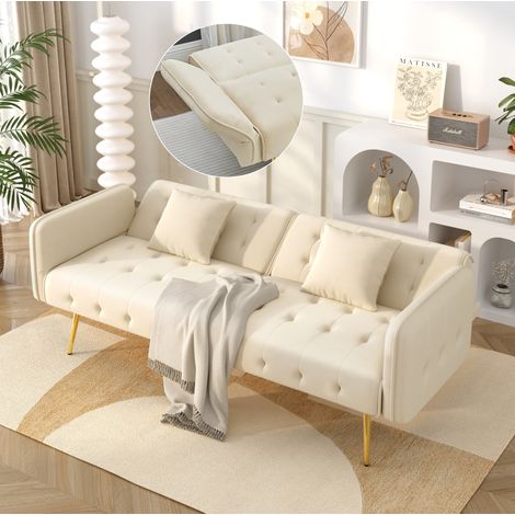 Sofá cama convertible 2 plazas 178x82x70 cm en madera y terciopelo beige FloraGrace (1/5)