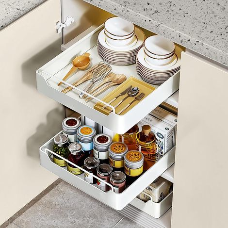 Tiroir Coulissant Cuisine - Étagère Télescopique 42 cm L x 30 cm P x 7 cm H - Acier Au Carbone Blanc - Sans Perçage - 2 Pièces (1/5)