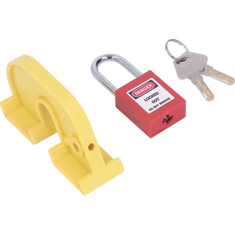 Dispositif de verrouillage de disjoncteur avec cadenas de sécurité de 38 mm et 2 clés. Résistant à l'usure et aux variations de température.