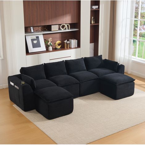 REDOM - Canapé modulaire 322x161x75 cm, librement combinable, avec coussins et poches latérales, en velours côtelé noir (1/5)
