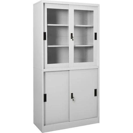Armadio da ufficio con anta scorrevole 90 x 40 x 180 cm con 3 ripiani modulari in stile moderno in acciaio grigio chiaro 020046823
