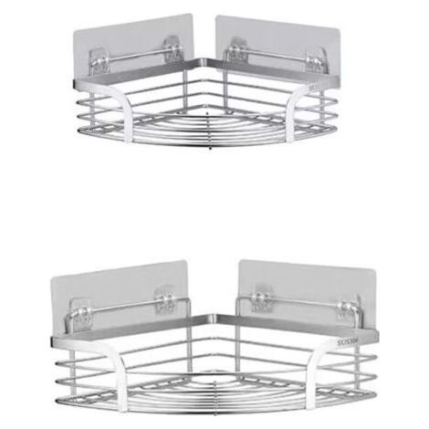 Lot de 2 Etagère de Douche d'angle sans Perçage Etagère Salle de Bain Adhésif Acier Inoxydable Triangle Panier Rangement pour Shampoing Savon avec Crochets （petit + moyen）