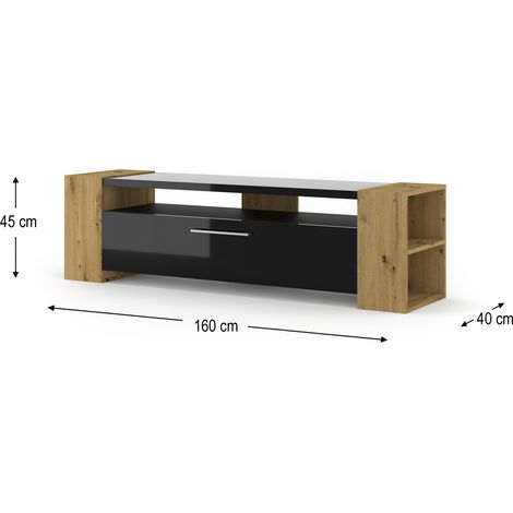 Mueble de TV LIVIA 160 cm roble artesanal / negro alto brillo