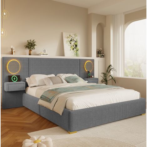 Lit adulte 180x200 cm en velours avec tête de lit LED, USB et rangements intégrés, structure stable - gris (1/5)