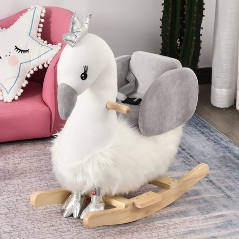 Gris Blanc 60x33x59 cm - Balancement en peluche en forme de cygne pour bébés de 18 à 36 mois doté de son et ceinture et