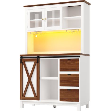 Armoire haute LED app, tiroirs, portes coulissantes, buffet blanc (1/5)