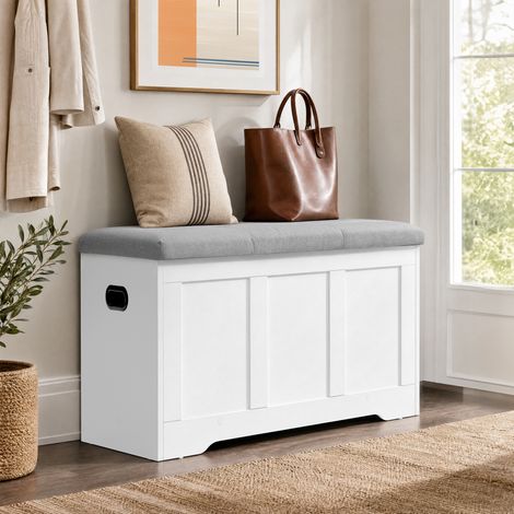 Coffre de Rangement, 2 Charnières de Sécurité, Style Rustique pour Entrée, Chambre, 41 x 81 x 49 cm, Blanc et Gris (1/5)