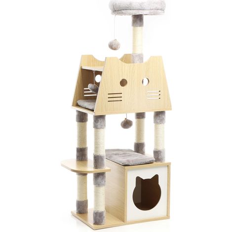 Fudajo – Arbre à chat 126 cm en bois gris – Maisonnette et hamac – Griffoir sisal 4 mm – Balle de jeu suspendue – Pour chat