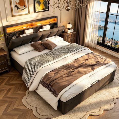 Lit 140x190 coffre, lit double avec 2 tiroirs, lit adulte en hydraulique, lit avec tête de rangement et  réglable en Hauteur, avec LED, Gris, lin, Matelas non compris (1/5)