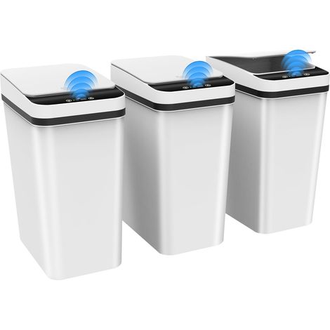 3 Pack Poubelle Salle de Bain 10L Automatique Avec Couvercle, Intelligente, Anti-Odeur Pour Toilette WC, Ouverture/Fermeture Automatiques, 32 x 23 x 15.7cm, Blanc (1/5)