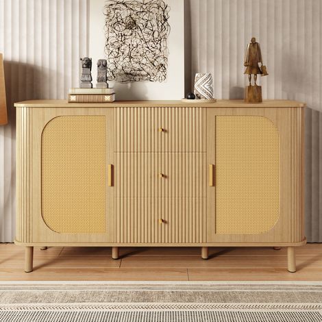 Sideboard aus MDF in Natur 140 x 40 x 80 cm, Rattantüren, gewellte Schubladen und Kabelöffnung (1/5)