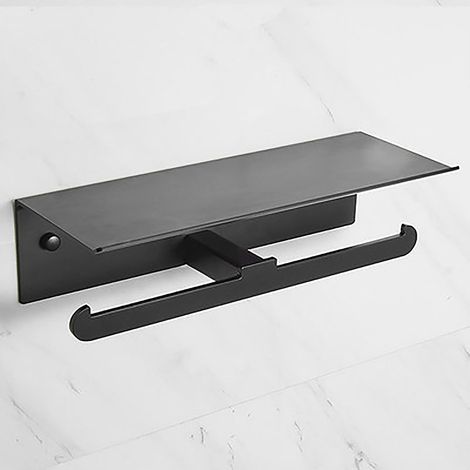 Porte Papier Toilette, Double Support Papier Toilette avec Étagère Rangement Spacieuse, Aluminium Dérouleur Porte Rouleau Papier Toilette Autoadhésive et Mural pour Salle de Bain 34cm, Noir (1/3)