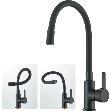 Mitigeur de Cuisine avec Bec Flexible Noir, Robinet de Cuisine, Cuisine Mitigeur Évier avec Flexible Rotative à 360°