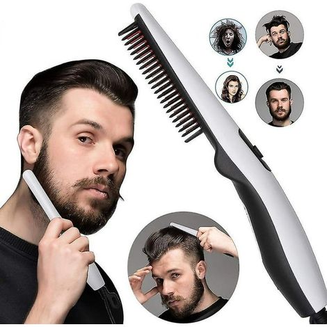 Peigne défrisant électrique pour homme - Brosse lissante rapide à cheveux, coiffeur à brancher, lisseur de barbe professionnel, style soigné en quelques minutes, usage quotidien. (1/5)