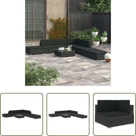 Canapé en résine - Salon de jardin 8 pcs avec coussins résine tressée noir (1/5)