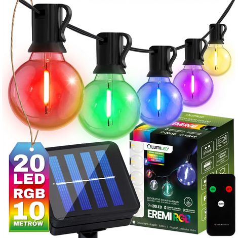 Ghirlanda solare da giardino con 20 lampadine LED decorative G50, 10,6 m, 3000K RGB + telecomando eremi lumiled (1/5)