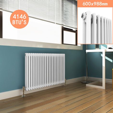 ELEGANT White Horizontal Double Radiators 600 x 988 mm 2 Column Bathroom Designer Radiator + Chrome Thermostatic Radiator Valves (1/5)