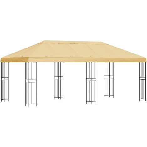 Un gazebo avec parois latérales, 6 x 3 mètres, en fibre de polyester beige et structure en acier, 190 cm de haut. (1/5)