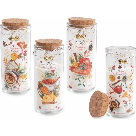Candele di Natale profumate in barattolo vetro con decorazioni dolcetti natalizi, coperchio in sughero, set da 4 pezzi, Ø 6 cm x 14,5 H