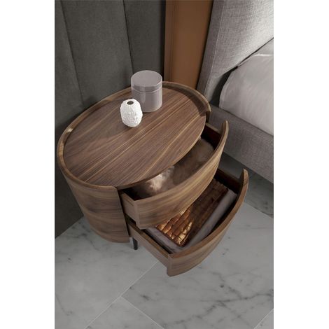Table de chevet ovale bois avec 2 tiroirs cachés pieds acier peint époxy - Noyer, noir (1/4)