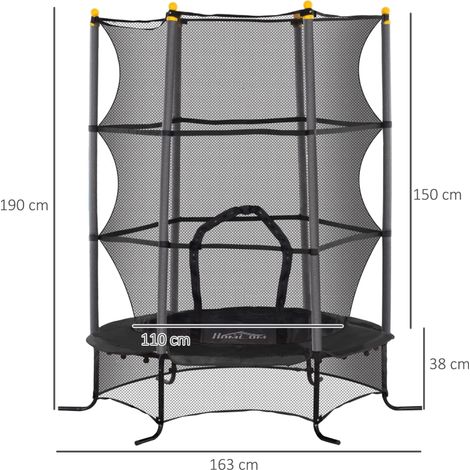 Trampoline enfant Ø163×190cm filet sécurité zipée, protection ressorts, 6 poteaux rembourrés noir (1/4)