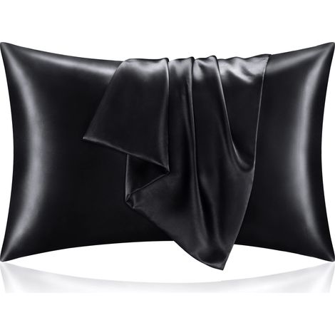 Taie d'oreiller en satin de soie pour cheveux et peau, noire, format standard, lot de 2, ultra douce avec fermeture enveloppe (50x65 cm) (1/5)