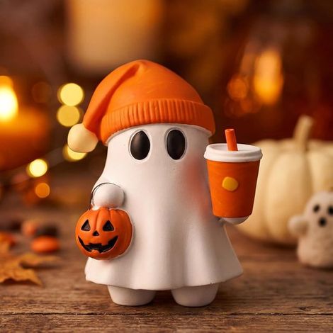 Figurine de fantôme d'Halloween mignonne avec seau citrouille et boisson orange - Modèle décoratif en résine - Convient pour la décoration de table et d'intérieur (1/2)