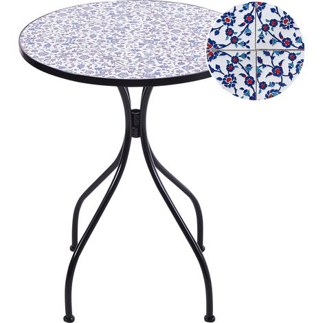 Mesa de balcón exterior metal estilo vintage estructura hierro negro tablero de mosaico azul Camprena