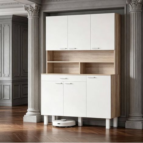 Aparador alto de cocina 120x40x175 cm con 6 puertas, cajón y huecos abiertos (1/5)