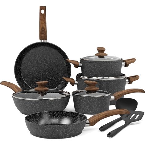 Kitchen Academy 12 Pieces Nonstick Pots and Pans Set, Induction Cooking Pan Set, Non Stick Saucepan Set, Frying Pan Set Black